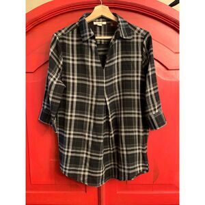 Simply Noelle Size 8-10 S/M Black Plaid Shirt Pleated Front Button Up Back EUC